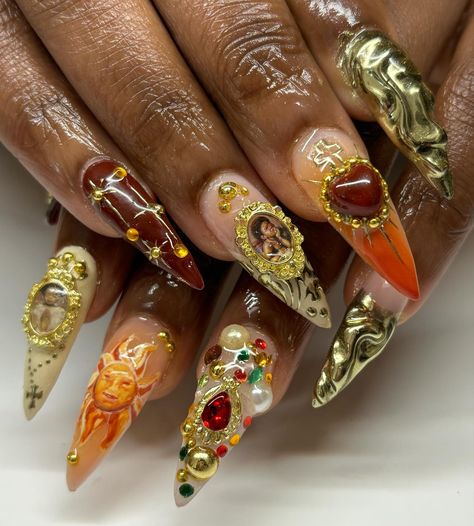 this set is too iconic!! full sunny/biblical/regal freestyle! my clients are sooo creative! ✨🌞 #nailart #gelxnails #gelx #nailinspo #londonnailtech Sade Aesthetic, Rasta Nails, Random Outfits, Nail Board, Vintage Nails, Nail Files, Bling Acrylic Nails, March 3, Maximalism