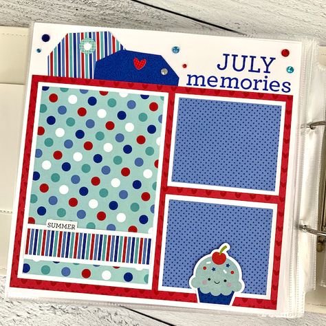 Artsy Albums Scrapbook Album and Page Layout Kits by Traci Penrod: July 8x8 Scrapbook Pages Small Scrapbook Ideas, Fourth Of July Scrapbook, Patriotic Scrapbook Layouts, 8x8 Scrapbook Layouts, 4th Of July Scrapbook, Patriotic Scrapbook, Birthday Scrapbook Layouts, Small Scrapbook, Blue Scrapbook