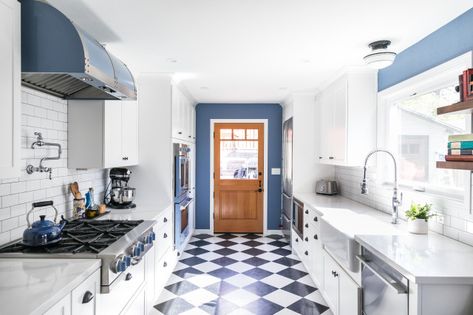 Blue Black White Kitchen, Blue And White Kitchen Floor, Blue And White Checkered Floor, Checkerboard Kitchen Floor, Checkerboard Floor Kitchen, Seafoam Cabinets, Checkered Kitchen Floor, 1940s Home Remodel, Checkerboard Kitchen