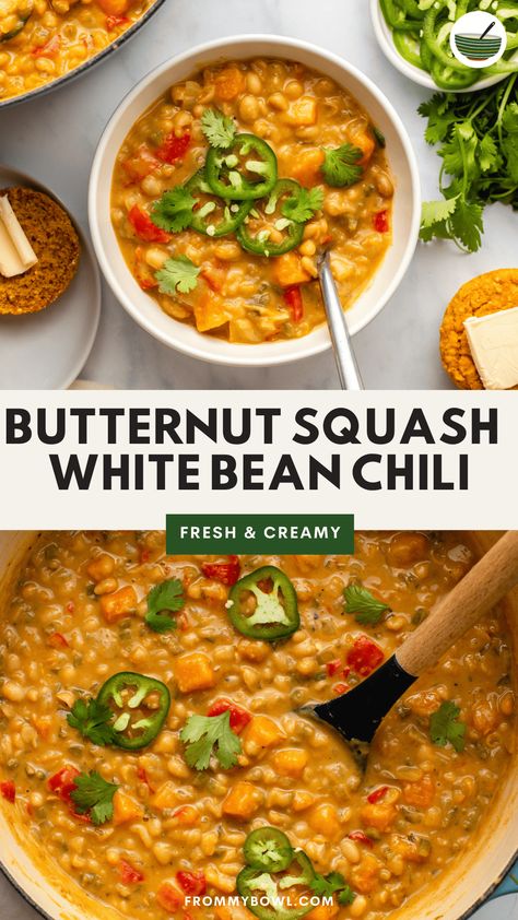 This Butternut Squash Chili is cozy, hearty, and made from simple plant-based ingredients to keep you nourished during soup season. Serve with homemade cornbread and your favorite toppings. Gluten-free and Vegan. Chili With White Beans, Squash Chili, Veggie Dinners, Gluten Free Entrees, Slow Cooker Beans, Butternut Squash Chili, White Bean Chili, Soups Stews Chilis, Chicken And Butternut Squash