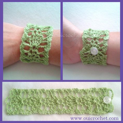 Lace Cuff Bracelet {Free Crochet Pattern} - Oui Crochet Crochet Bracelet Patterns, Crocheted Bracelets, Marque-pages Au Crochet, Cuff Bracelets Diy, Lace Cuff Bracelet, Fabric Cuff Bracelet, Crochet Bracelet Pattern, Bracelet Crochet, Crochet Rings