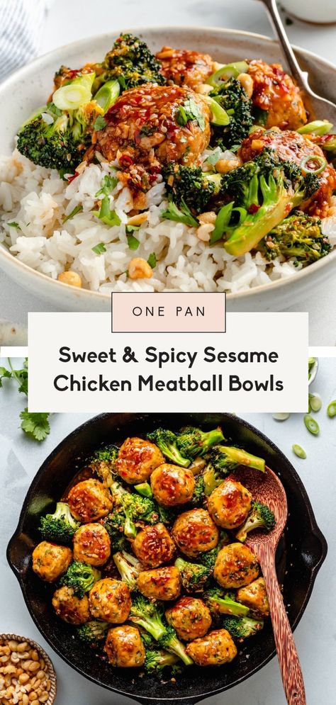 Delicious one pan sesame chicken meatballs with crispy broccoli and a sweet and spicy ginger sesame sauce. These flavorful, protein-packed sesame chicken meatball bowls make the best weeknight dinner served with coconut rice, brown rice or quinoa! Customize these bowls with your fav sides & garnishes. #meatballs #chicken #healthydinner #onepanmeal #lowcarb #glutenfree #dairyfree #mealprep Lean And Clean Recipes, Protein Packed Dinners, Chicken Meatball Bowls, Sesame Chicken Meatballs, Spicy Sesame Chicken, Sandwich Meal Prep, Meatball Bowls, Dorm Recipes, Amelia Freer