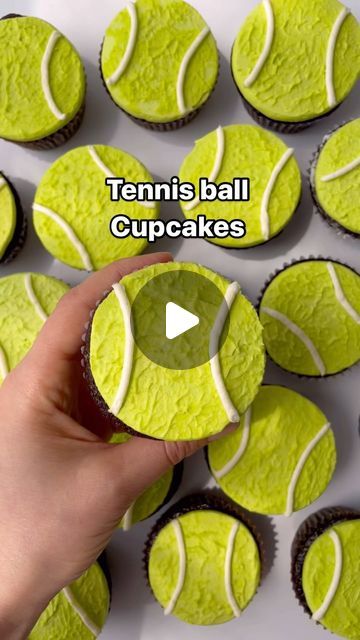 Alex LaRosa on Instagram: "Tennis Ball Cupcakes 🎾  ✨add your buttercream on top  ✨turn upside down onto parchment   ✨freeze for 10-15 min and peel off  ✨add some buttercream to your palette moving it up and down to create a tennis ball texture   ✨add your white curved lines  Supplies @nycake Piping tips @wiltoncakes  . . . . . #alexlarosabakery" Tennis Ball Cupcakes, 7 Pull Apart Cupcakes, Tennis Cupcakes Ideas, Tennis Party Food, Pickleball Cupcakes, Tennis Cupcakes, Ball Cupcakes, Soccer Cupcakes, Sport Cupcakes