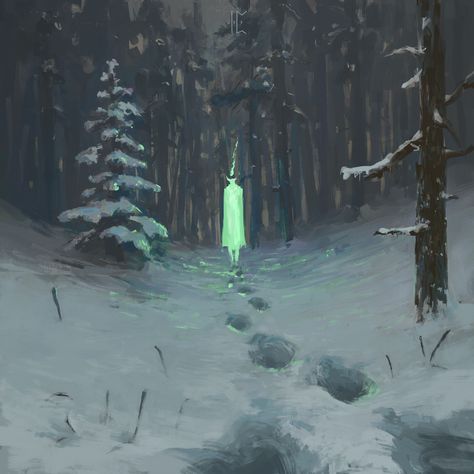 Snowy Landscape Concept Art, Snowy Forest Fantasy Art, Snowy Forest Concept Art, Creepy Snowy Forest, Fire In The Snow, Snowy Concept Art, Faewild Forest, Snow Forest Art, Snowy Forest Art