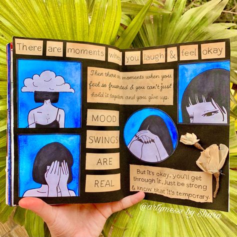 Mood Swings Drawing, Sketchbook Painting Ideas Art Journaling, Art Journal Therapy Draw, Mood Swings Aesthetic, Art Journal Therapy Aesthetic, Journal Drawings Aesthetic, Diary Art Drawing Journal Ideas, Aesthetic Journal Ideas Art, Swings Aesthetic