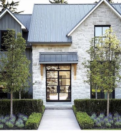 Board And Batten With Stone Exterior, White Board And Batten Exterior, Train House, Board And Batten Exterior, Siding Ideas, Farmhouse Exterior Design, Modern Farmhouse Home, Exterior Makeover, Casa Exterior