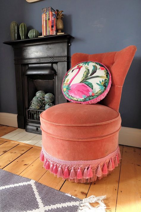 Vintage Velvet Chair, Vintage Velvet Chairs, Expensive Sofas, Pink Velvet Chair, Cosy Vibes, Velvet Footstool, Furniture Flips, Industrial Style Lighting, Bell Tower