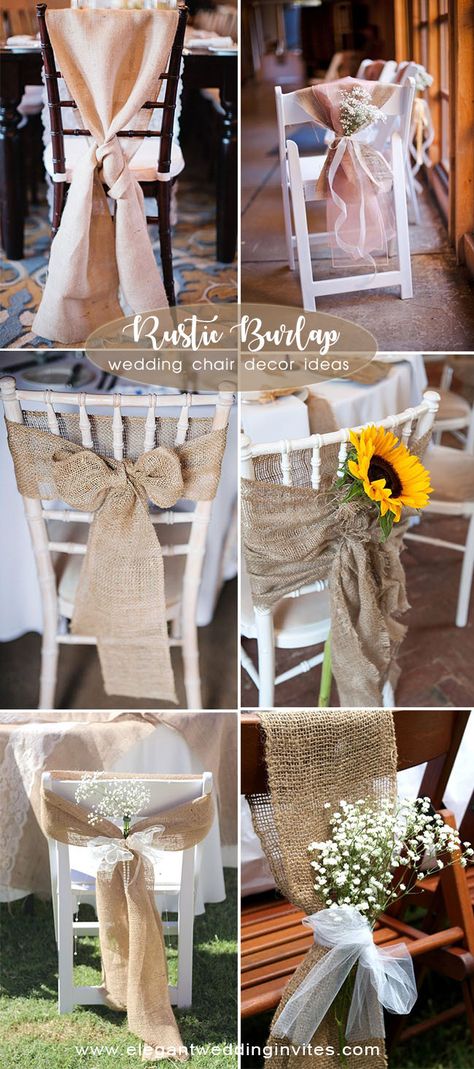 rustic burlap wedding chair decoration ideas Jute Wedding Decor, Wedding Chair Deco, Rustic Chair Decor, Wedding Reception Chair Decorations, Wedding Chair Decorations Diy, Chair Decoration Ideas, Jute Wedding, Rustic Wedding Alter, Wedding Reception Chairs