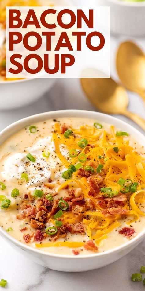 Cheesy Bacon Potato Soup, Creamy Potato Bacon Soup, Bacon Potato Soup, Potato Soup With Bacon, Creamy Potato Soup Recipe, Bacon Soup Recipes, Homemade Potato Soup, Dinner Noodles, Bacon Chowder