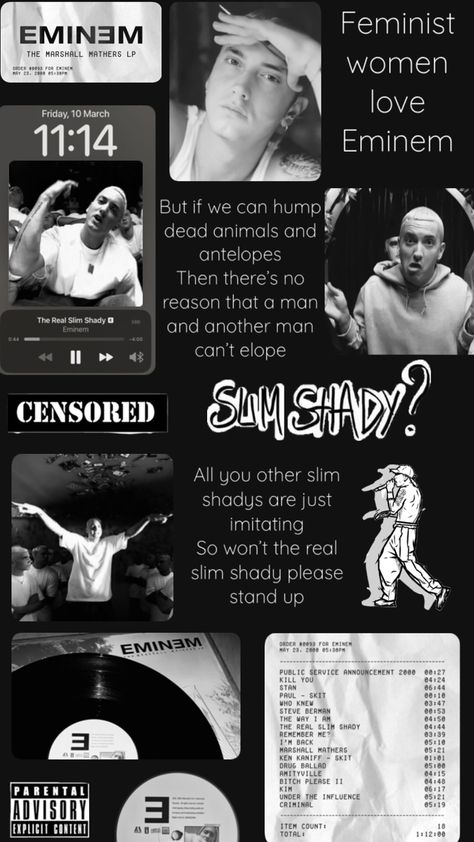 Eminem. The Real Slim Shady. Collage Eminem Drawing, Real Slim Shady, The Marshall Mathers Lp, Eminem Poster, Marshall Eminem, Eminem Memes, Eminem Lyrics, Eminem Music, Feminist Women