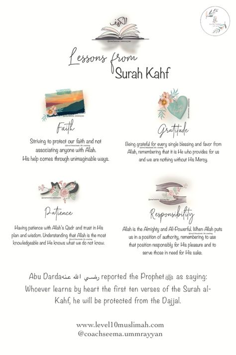 Jummah Surah Kahf, Lesson From Surah Al Kahf, Surah Kahf Journal, Jummah Surah Kahf Reminder, Lessons From Surah Kahf, Lessons From Quran, Surah Journaling, Surah Kahf Quotes, Surah Kahf Reminder