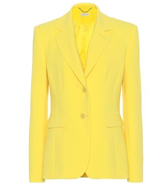 Notched Collar Jacket, White Flare Pants, Female Jacket, Jacket Collar, Crepe Blazer, Yellow Blazer, Green Utility Jacket, White Flares, Crepe Skirts