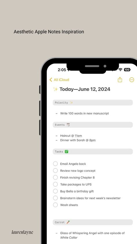 Aesthetic Apple Notes Inspiration plannersociety #travelbudgetplanner #planneressentialsbundle #todoplanner📖 Iphone Notes Ideas Aesthetic, To Do List Wallpaper Iphone, Aesthetic Apple Notes, Apple Notes Templates, Apple Notes Organization, Notes App Aesthetic Iphone, Apple Notes Ideas, Reminders App Aesthetic, Productive Iphone Layout