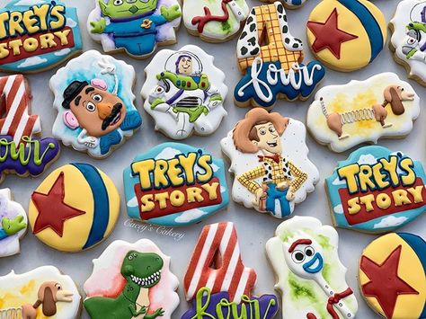 It’s a FOUR story! Loved finally getting to do a Toy Story set ❤️ #caceyscakery #sugarcookies #decoratedcookies #edibleart #cookieart… Baby Cookies, Story Setting, Cookie Art, Fun Cookies, Edible Art, 4th Birthday, Toy Story, Cookie Decorating, Sugar Cookies