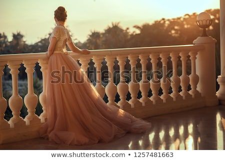 *Dress is not the right period but balustrade and general position are good.* Beautiful lady in luxurious ballroom dress with tulle skirt and lacy top standing on the large balcony looking away at sunset. Back view. Text space Queen Gown, Shutterstock Images, Anatomical Art, Dress With Tulle Skirt, Dress With Tulle, Lacy Tops, Exquisite Gowns, Large Balcony, Princess Beatrice