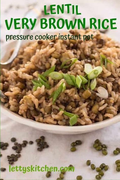 In this recipe the lentils color the rice “very brown" and give brown rice a rustic flavor upgrade. The lentils and tiny mung beans add protein, vitamins and minerals. #brownrice #lentils #pressurecooker #instantpot #healthy #lettyskitchen Brown Rice Instant Pot, Instapot Vegan, Cleanse Meals, Multicooker Recipes, Basmati Brown Rice, Lentils Instant Pot, Rice Instant Pot, Instapot Meals, Budget Food