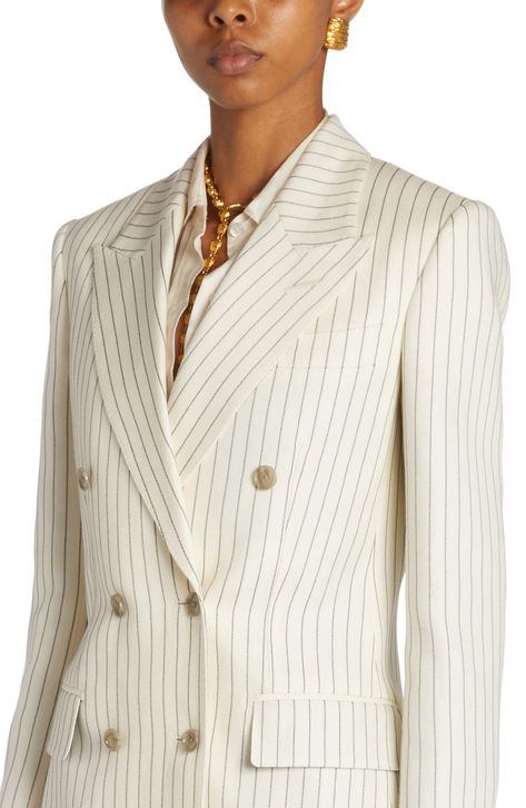 Neat pinstripes trail down the silk-softened, wool-enriched fabric of this double-breasted blazer framed by padded shoulders and sharp peaked lapels. 28 1/2" length (size 44IT) Double-breasted button closure Peaked lapels Five-button cuffs Chest welt pocket; front flap pockets Back vent Silk-and-cupro lining 79% wool, 17% silk, 4% polyester Dry clean Imported Designer Clothing Peplum Blazer, Suit Design, Business Wear, Pinstripe Suit, Suit Designs, Breasted Blazer, Double Breasted Blazer, Tailored Jacket, Luxury Interior