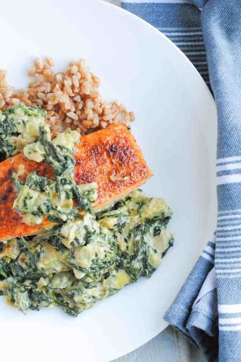 Spinach Artichoke Salmon, Artichoke Salmon, Salmon Artichoke, Easy Salmon Dinner, Artichoke Recipe, Creamy Salmon Pasta, Creamy Salmon, Recipe Salmon, Salmon Spinach