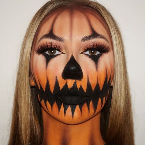 Pumpkin Face Makeup Men, Scary Pumpkin Halloween Makeup, Jack O Lantern Makeup Pretty, Black And Orange Halloween Makeup, Pumpkin Face Paint Women, Halloween Pumpkin Makeup Looks, Scary Pumpkin Face Makeup, Sam From Trick Or Treat Makeup, Half Pumpkin Face Makeup