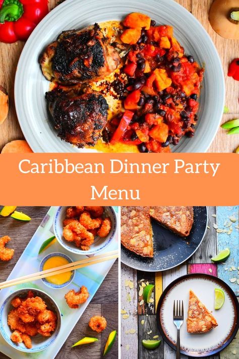 Caribbean dinner menu with coconut prawn, jerk chicken and Caribbean Bakewell tart Caribbean Dinner Party, Caribbean Dinner, Starters For Dinner, Pirate Party Food, 3 Course Meals, Perfect Dinner Party, Bakewell Tart, Romantic Meals, Dinner Party Menu