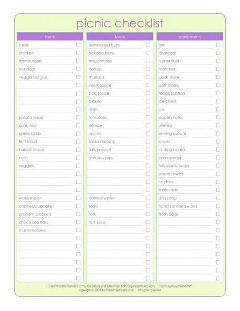 Household Notebook: Free Printables for an Organized Home | Organized Home Picnic List, Picnic Checklist, Picnic Food List, Picnic Planning, Household Notebook, Church Picnic, Reunion Decorations, Getting Organized At Home, Party Checklist