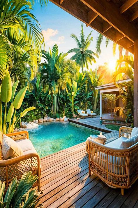 Pool Wooden Deck, Pool With Wooden Deck, Backyard Tropical Oasis Ideas, Swimming Pools Backyard Inground, Wooden Pool Deck, Wooden Pool, Pool Deck Ideas, Pools Backyard Inground, Tropical Backyard