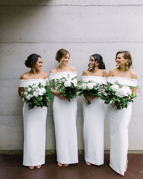 26 Chic Bridal Parties Wearing All-White Dresses #BridesmaidDresses #AllWhiteBridemaidDresses #WeddingInspiration #WeddingParty | Martha Stewart Weddings White Bridesmaid Dresses Long, Bridesmaids In White, Bridesmaid Dresses 2018, Mermaid Bridesmaid, White Bridesmaid, White Bridesmaid Dresses, Cheap Bridesmaid, Mermaid Bridesmaid Dresses, Cheap Bridesmaid Dresses