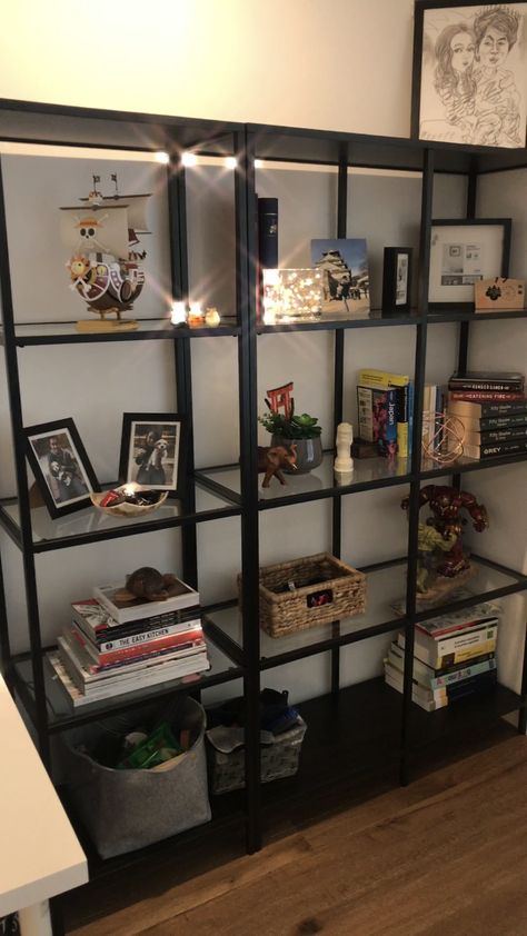 IKEA VITTSJO display cabinet shelves to add a little bit of roughness detail to our home ❤️ Black Ikea Shelves, Vittsjo Shelves Living Room, Ikea Vittsjo Shelves Styling, Ikea Vittsjo Hack, Vittsjo Hack, Ikea Display, Ikea Vittsjo, Ikea Interior, Shelves Decor