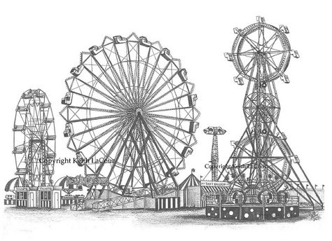 carnival drawings - Google Search Carnival Drawing, Park Drawing, Giant Wheel, Wheel In The Sky, Carnival Art, Dark Circus, Amusement Rides, Human Figure Sketches, Magic Day