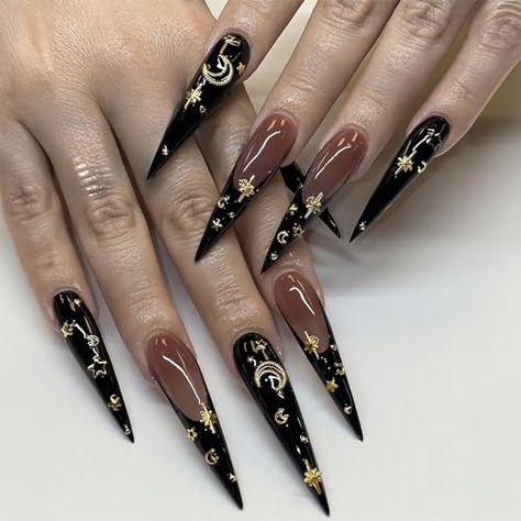 Gold Star Moon Press on Nails Extra Long Stiletto Fake Nails Black French Tip Coffin False Nails Glossy Black Acrylic Nails with Star Moon Nail Charms Design Reusable Glue on Nails for Women 24Pcs Alt Nails, Ongles Goth, Jelly Stickers, Sharp Nails, Long Stiletto, Nagel Tips, Goth Nails, Nail Type, Gold Nail