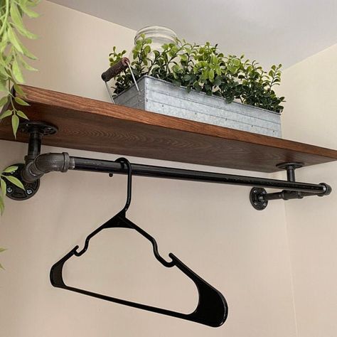 Closet Shelving With Industrial Pipe Hanger Rack Laundry Room - Etsy New Zealand Laundry Room Organization Shelves, Pipe Closet, Pipe Hanger, Industrial Pipe Shelf, Pipe Clothes Rack, Diy Clothes Hangers, Laundry Shelves, Closet Shelving, Laundry Hanger