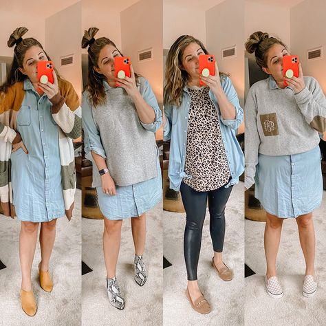 Chambray Dress Outfit, Monogram Sweater, Marley Lilly, Chambray Dress, Dress Outfit, Chambray, Shirt Dress, Monogram, How To Wear