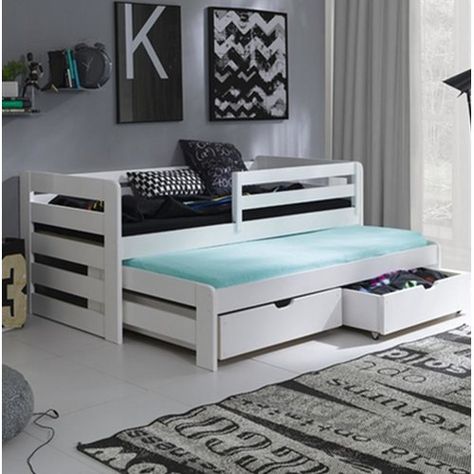 Levin Daybed with Trundle and Mattress 17 Stories Single Trundle Bed, Wooden Double Bed, Kids Single Beds, Custom Bunk Beds, Ergonomics Furniture, Bunk Bed Designs, Space Bedding, Top Beds, Daybed With Trundle