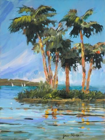 size: 12x9in Art Print: Palm Island by Jane Slivka : Palm Tree Digital Art, Jane Slivka Art, Florida Painting Ideas, Jane Slivka, Island Painting, Entryway Art, Tropical Art Print, Artistic Ideas, Palm Trees Painting