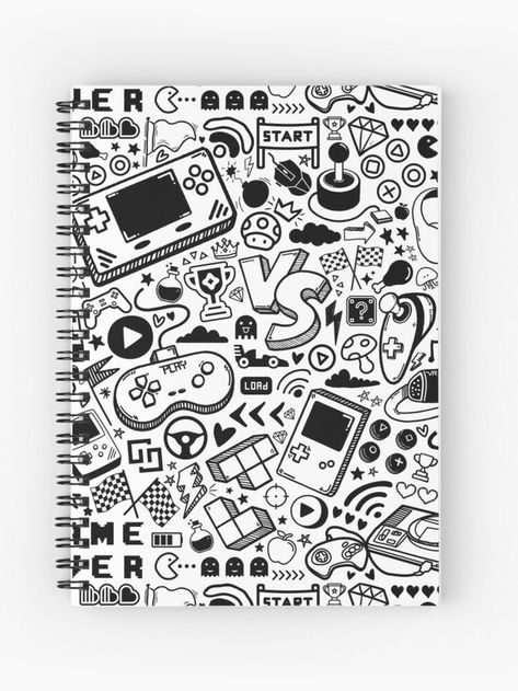 Notebook with doodle pattern of video game symbols in black and white Game Doodle, White Journal, Video Game Lover, Birthday Doodle, Console Games, Doodle Videos, Sticker Design Inspiration, Middle School Art Projects, Games Console