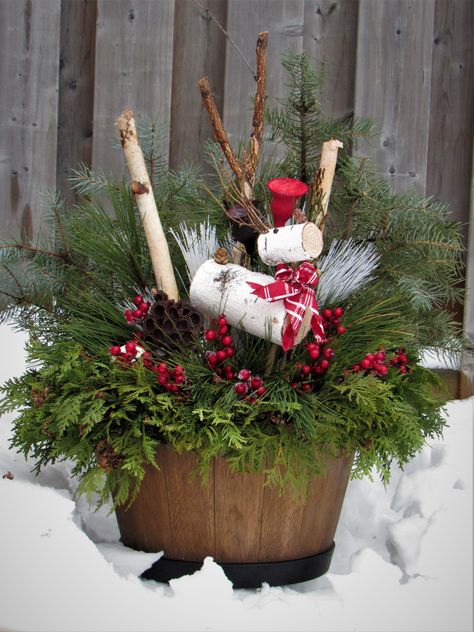 Winter Barrel Planter Ideas, Whiskey Barrel Winter Decor, Winter Whiskey Barrel Planter, Whiskey Barrel Christmas Decor, Christmas Planters Diy, Wine Barrel Garden, Wood Barrel Planters, Holiday Planters, Wine Barrel Decor