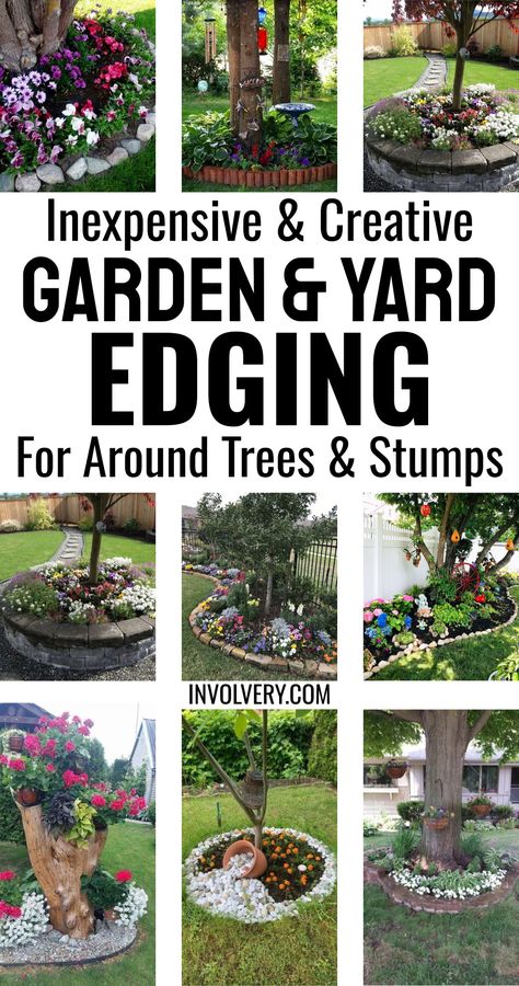 Lawn and Garden Edging Ideas - Inexpensive DIY Borders For Landscaping Around Trees and Stumps In Your Yard - flower borders, rock borders brick stones, lawn edging ideas cheap, garden boarders ideas Edge Border Landscape, Diy Brick Landscape Edging, Tree Edging Ideas Front Yards, Edging Ideas For Flower Beds, Edging Around Trees Ideas, Diy Flower Bed Border Ideas, Border Around Tree, Garden Borders Ideas, Landscape Borders Edging