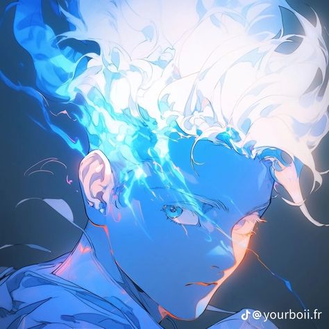 Blue Fire Genasi, Fire Genasi, Scenery Aesthetic, Anime Night, Art Scenery, Fire Hair, Profile Wallpaper, Boy Character, Man Character