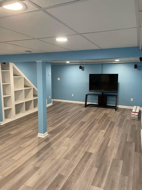 Blue Basement, Basement Paint, Basement Paint Colors, Basement Living, Modern Basement, Basement Living Rooms, Basement Makeover, Basement Remodel, Finished Basement