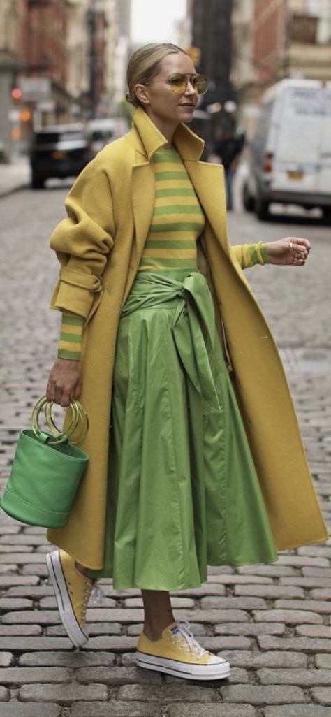 Blair Adiebee, Analogous Fashion, Analogous Outfit, Yellow And Green Outfit, Mustard Skirt Outfit, Maximalist Outfit, Analogous Colors, Mustard Skirt, Blair Eadie