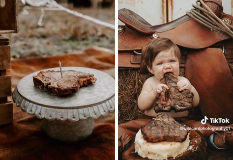 Cake Smash With Steak, 1 Year Steak Smash, Steak Cake Smash, Steak Baby Photoshoot, One Year Old Steak Smash, Rodeo Themed 1st Birthday Photoshoot, Baby Steak Photoshoot, Steak First Birthday, One Year Cowboy Pictures