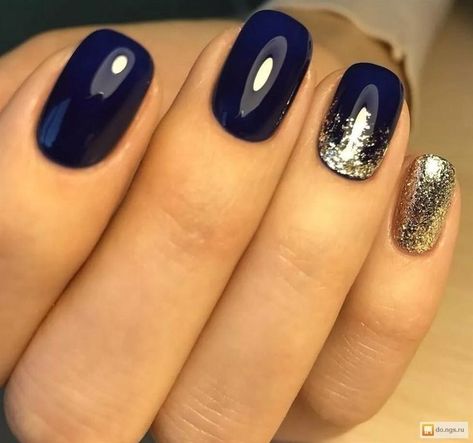 Navy And Silver Nails, Navy Nails Design, Blue Gold Nails, Dark Color Nails, Gold Gel Nails, Gel Nails Long, Navy Nails, Navy Blue Nails, Square Nail Designs