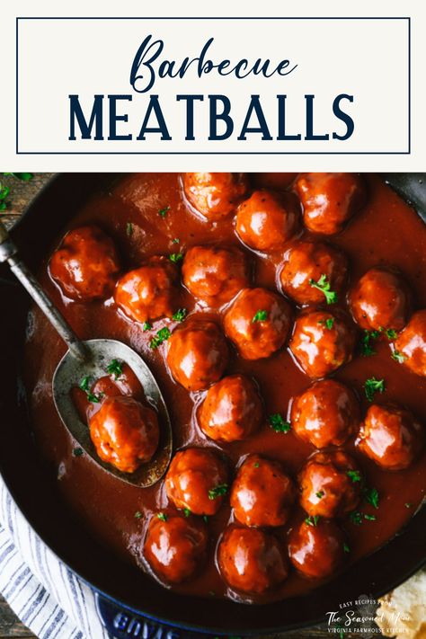 Serve these easy BBQ meatballs alongside mashed potatoes, rice, or cornbread for a family-friendly weeknight dinner, set them out at as an appetizer at your next Game Day gathering, or offer them on a holiday Open House buffet. The moist and tender oven-baked, homemade meatballs are smothered in store-bought barbecue sauce for a quick, hands-off dish that always wins rave reviews! Bbq Meatballs And Rice, Bbq Meatballs Stove Top, Bbq Meatballs Baked In Oven, Meatballs In Bbq Sauce, Barbeque Meatballs, Easy Bbq Meatballs, Bbq Turkey Meatballs, Bbq Meatballs Crockpot, Bbq Meatball Recipe