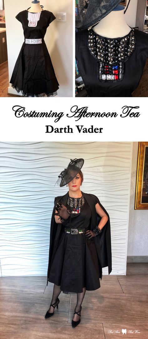 A dapper afternoon tea and disneybound version of Darth Vader with statement necklace and belt pdf pattern (cosplay, cosplayer, Costume blogger, costume college, costumer, digitized, costume, fascinator hat, femme vader, free download, hand sewing, high tea outfit, rhinestones, sew on, sparkles, star wars) Starwars Themed Outfits, Dapper Day Star Wars, Star Wars Dapper Day, Star Wars Day Outfit, Darth Vader Disneybound, Disney Bounding Star Wars, Darth Vader Dress, High Tea Outfit, Character Closet