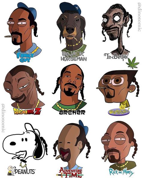 Snoop Dogg drawn in 9 different styles! by @dinotomic⠀ 🔥Follow us @usemuzli for more...🔥⠀ Tag a friend who would like this!😊⠀ Use #muzli to get featured on @usemuzli⠀ .⠀ .⠀ .⠀ .⠀ #conceptart #drawing #illustration #art #digitalart #illustrationtoday #sketch #inspiration #creativity #color #graphicdesign #muzli #Illustration #design #Drawing Gotik Tattoo, Arte Do Hip Hop, Dope Cartoons, Hip Hop Artwork, Arte Hip Hop, Art Style Challenge, Instagram Jokes, Rapper Art, Snoop Dog