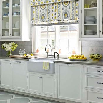 Yellow and Gray KItchen Designer Window Treatments, Серая Кухня, Classic White Kitchen, Herringbone Backsplash, Decor Ikea, Diy Ikea, Roman Shade, Yellow Kitchen, Design Seeds