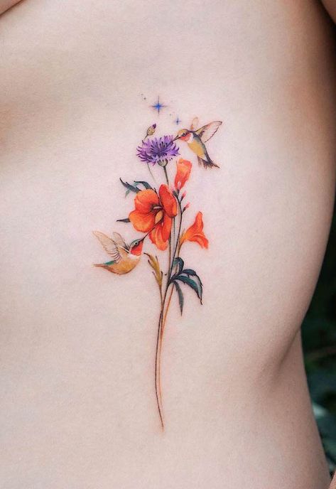 66 Beautiful Bird Tattoos with Meaning - Our Mindful Life Hummingbird Flower Tattoos, Bird And Flower Tattoo, Small Hummingbird Tattoo, Robin Tattoo, Small Watercolor Tattoo, Daisy Tattoo Designs, Flor Tattoo, Bluebird Tattoo, Bird Tattoos For Women