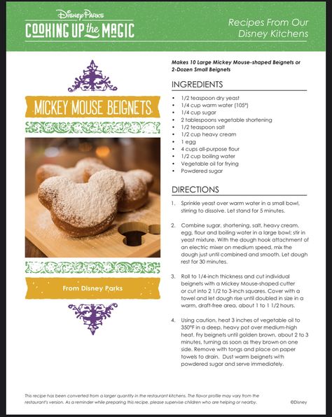 Mickey Mouse Beignets Recipe Card Mickey Beignets, Beignet Recipe, Disney Inspired Food, Food Park, Disneyland Food, Disney Kitchen, Magic Recipe, Creamed Eggs, Donut Recipes