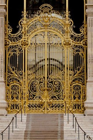 Gold door Wrought Iron Gate Designs, Gold Gate, Home Fencing, Location Unknown, House Main Gates Design, Rod Iron, Gold Door, Classic House Exterior, Iron Gate Design