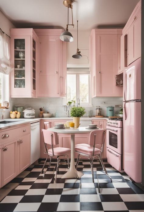 Retro Pink Kitchen Ideas for a Nostalgic Touch - Kitchen Informant Black White And Pink Kitchen, Pink Cottage Kitchen, Kitchen Design Ideas 2023, Pink Kitchen Utensils, Open Kitchen Cabinet, Pink Kitchen Cabinets, Pink Retro Kitchen, Retro Pink Kitchens, Pink Kitchen Ideas